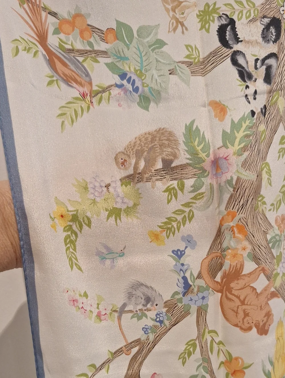 Safari Animals Printed Royal Silk Scarf in Pastel Blue